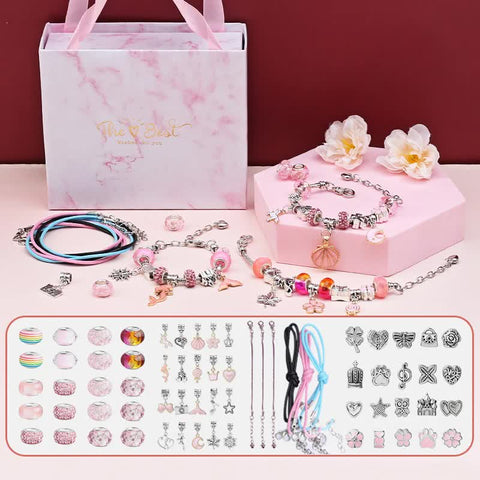 66 Pce DIY Charm Bracelet Necklace Making Kit Beads Flowers Stars Gift Bag Pink