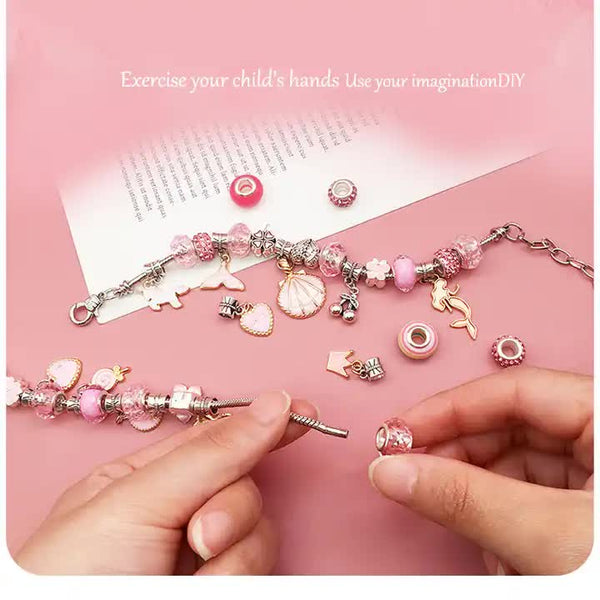 66 Pce DIY Charm Bracelet Necklace Making Kit Beads Flowers Stars Gift Bag Pink