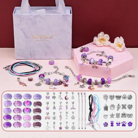 66 Pce DIY Charm Bracelet Necklace Making Kit Beads Flowers Stars Gift Bag Purple