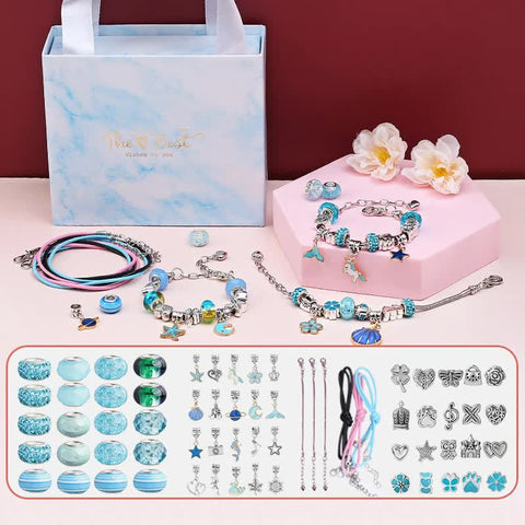 66 Pce DIY Charm Bracelet Necklace Making Kit Beads Flowers Stars Gift Bag Blue