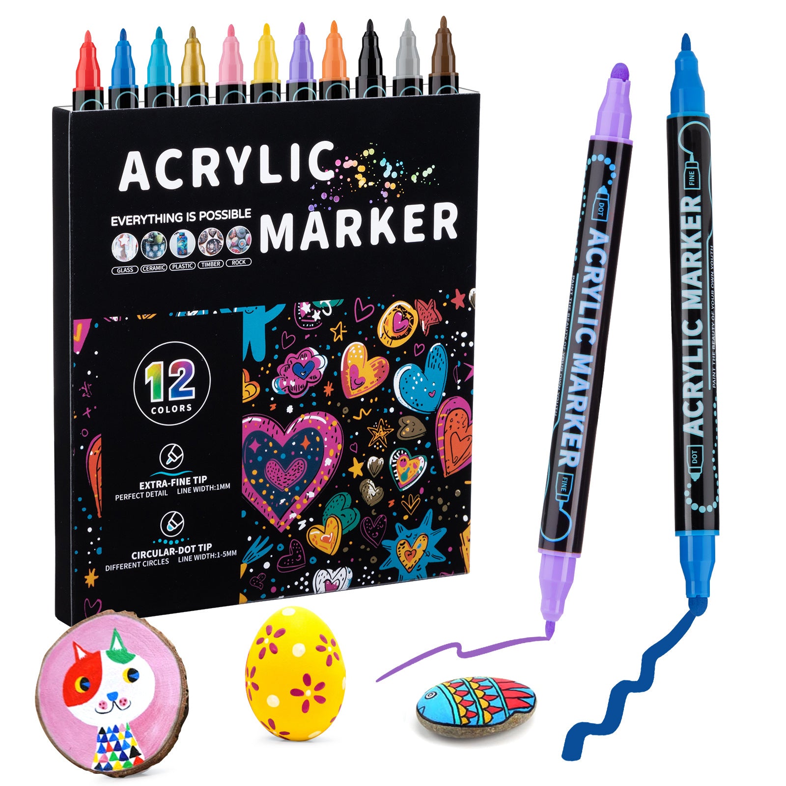 12 Colour Dual 1mm Fine 5mm Round Tip Acrylic Paint Ink Pens Markers Art Craft