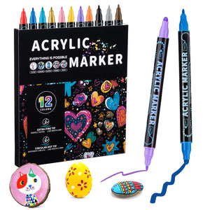 12 Colour Dual 1mm Fine 5mm Round Tip Acrylic Paint Ink Pens Markers Art Craft