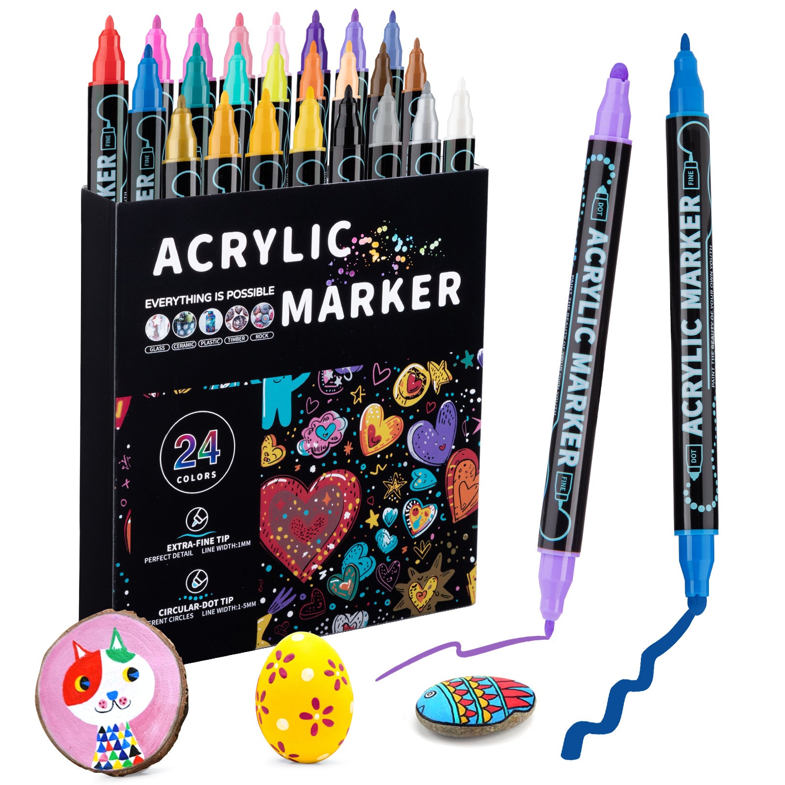 24 Colour Dual 1mm Fine 5mm Round Tip Acrylic Paint Ink Pens Markers Art Craft