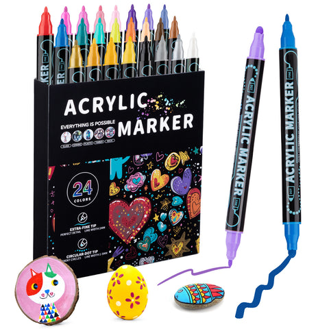 24 Colour Dual 1mm Fine 5mm Round Tip Acrylic Paint Ink Pens Markers Art Craft