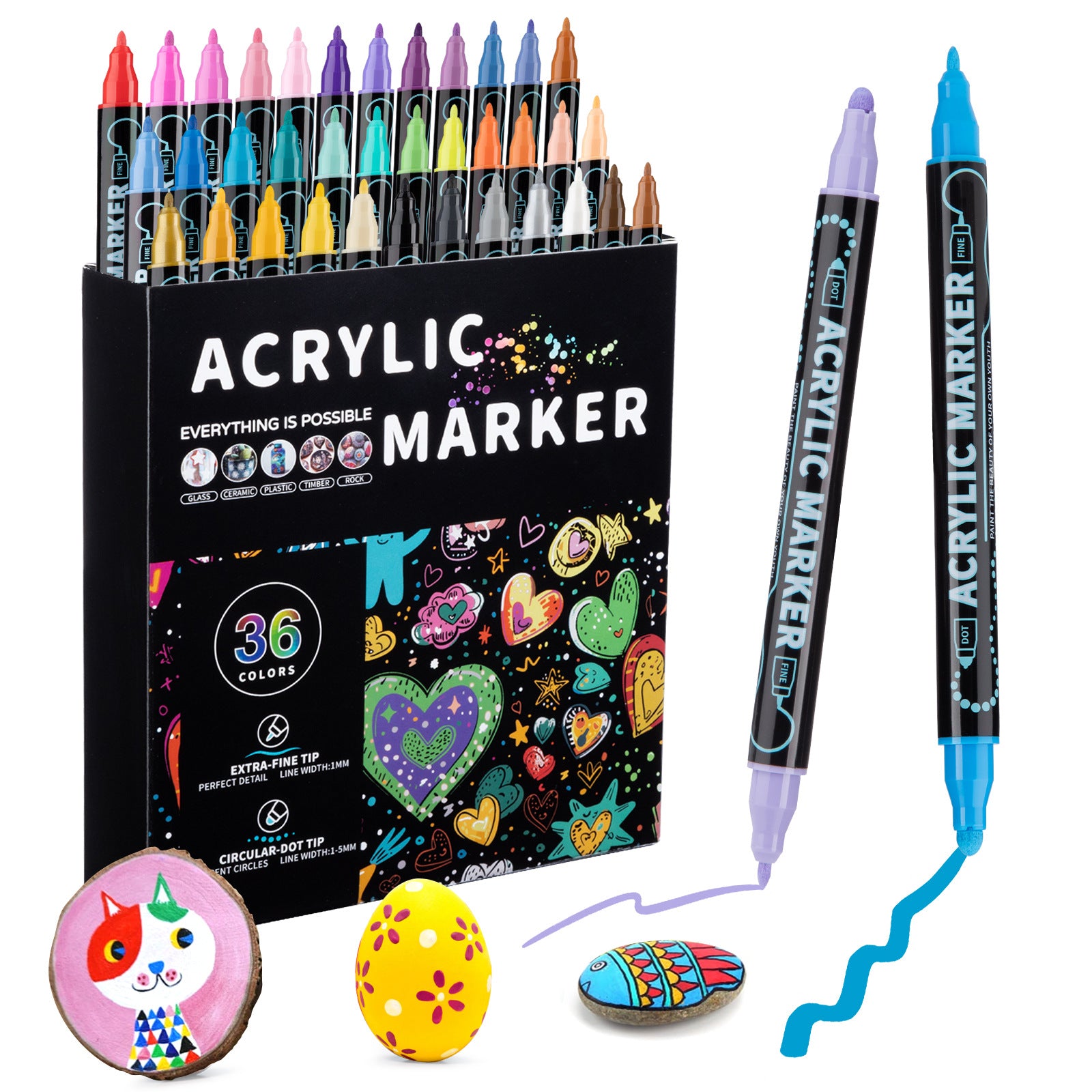 36 Colour Dual 1mm Fine 5mm Round Tip Acrylic Paint Ink Pens Markers Art Craft