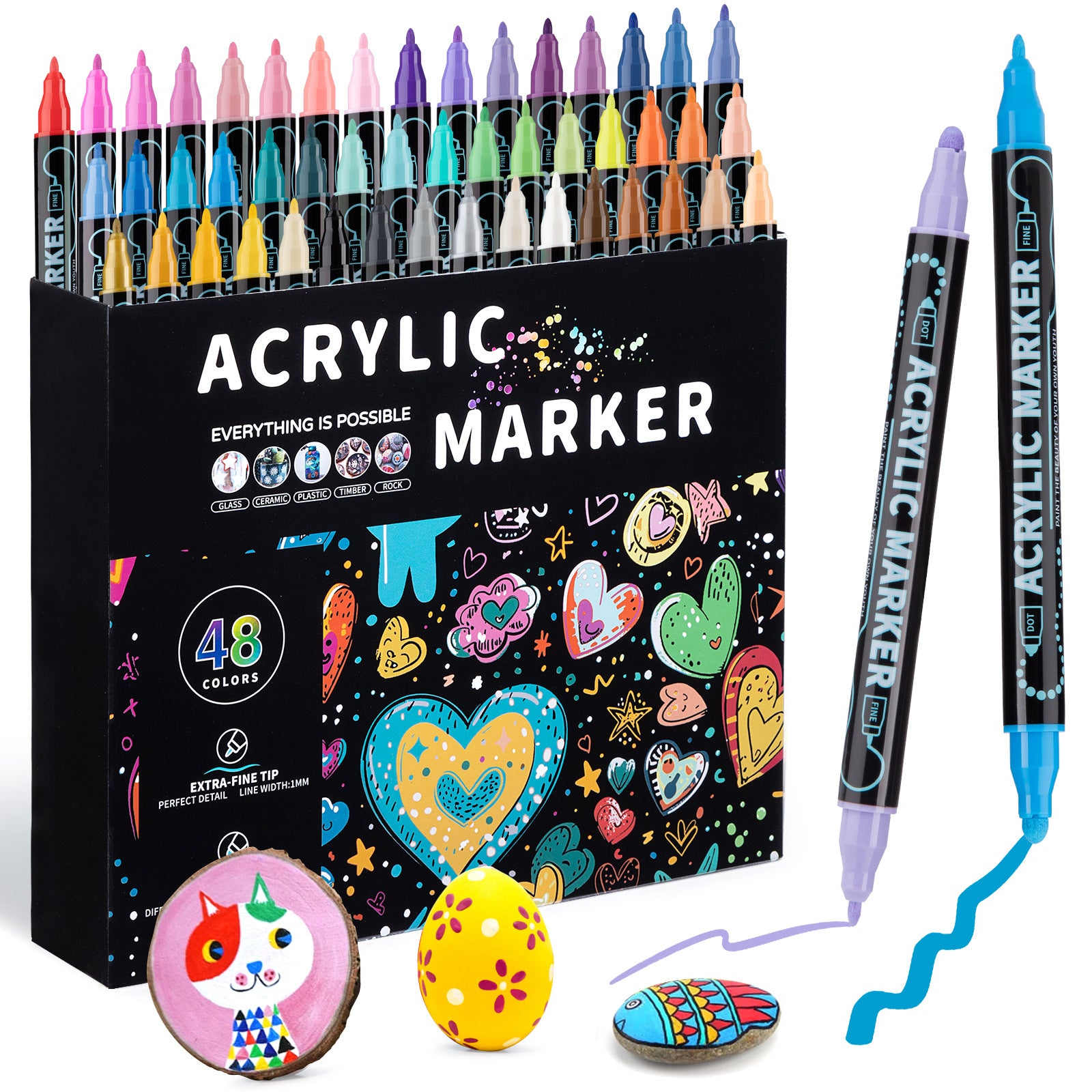 48 Colour Dual 1mm Fine 5mm Round Tip Acrylic Paint Ink Pens Markers Art Craft