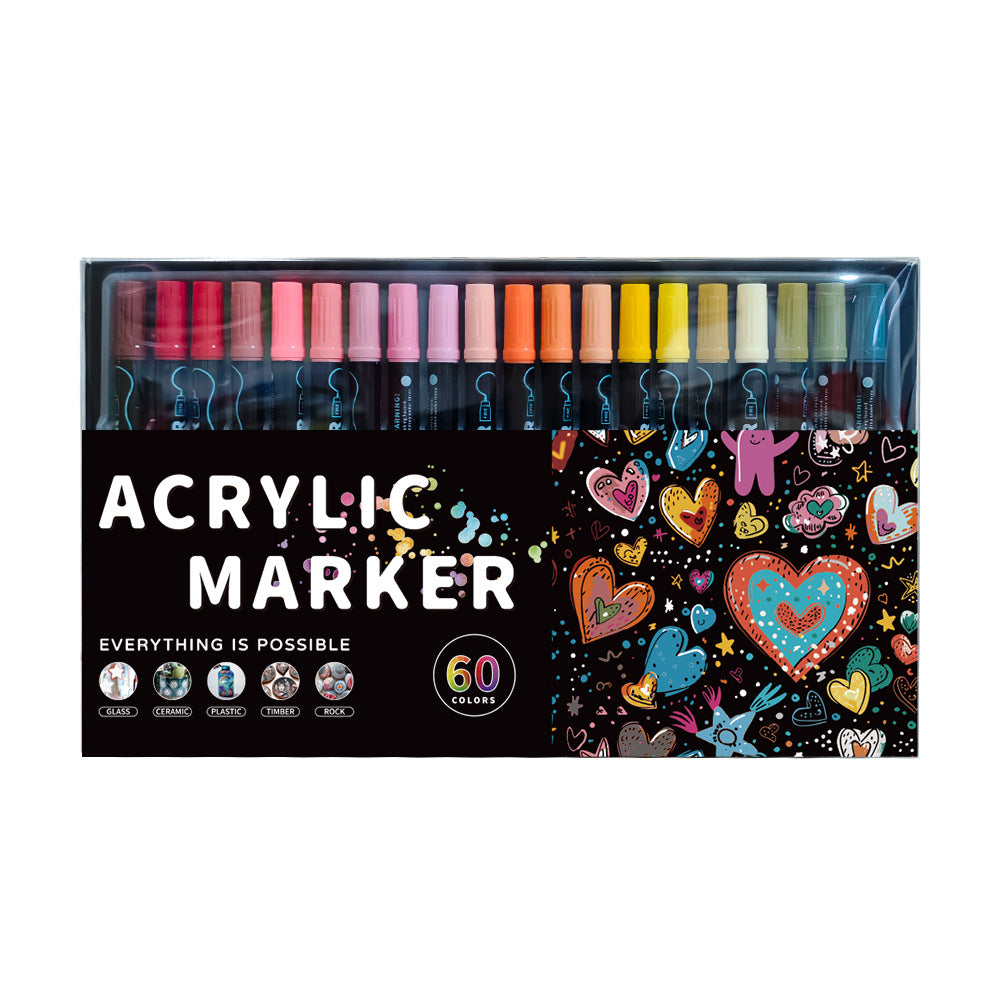 60 Colour Dual 1mm Fine 5mm Round Tip Acrylic Paint Ink Pens Markers Art Craft