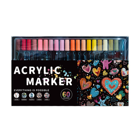 60 Colour Dual 1mm Fine 5mm Round Tip Acrylic Paint Ink Pens Markers Art Craft