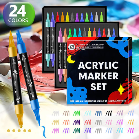 24 Colour Dual Fine Brush Tip Acrylic Paint Pens Markers Art Rock Painting Craft