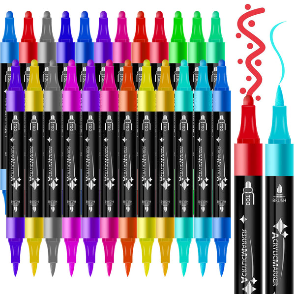 24 Colour Dual Fine Brush Tip Acrylic Paint Pens Markers Art Rock Painting Craft