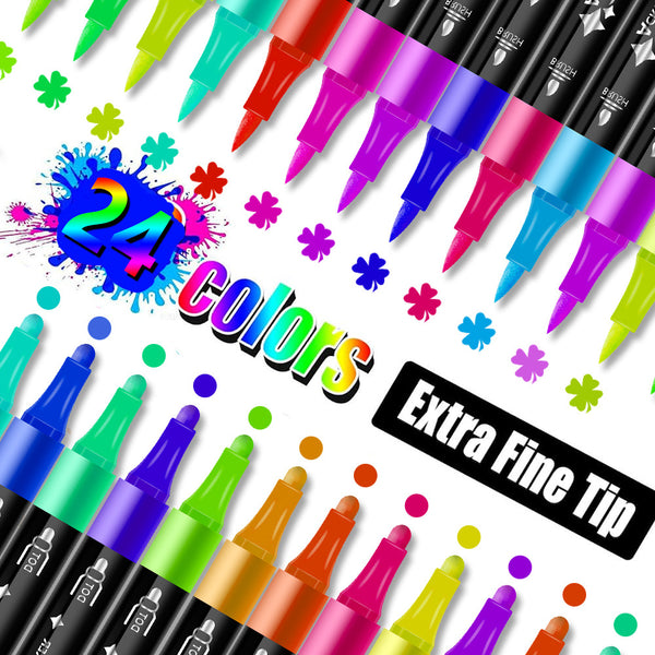 24 Colour Dual Fine Brush Tip Acrylic Paint Pens Markers Art Rock Painting Craft