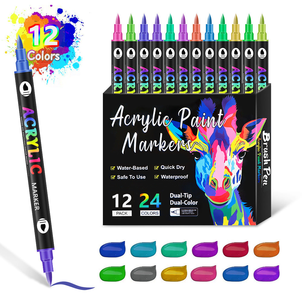 12 Pack 24 Colour Dual Brush Fine Tip Acrylic Paint Pens Markers Drawing Craft