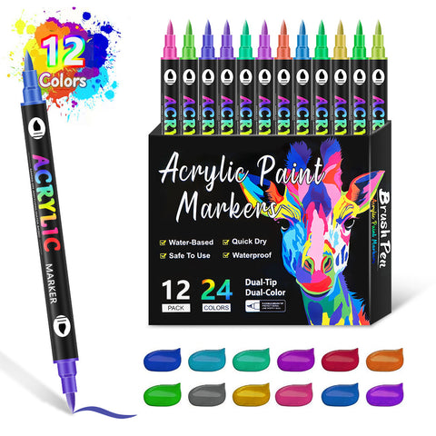 12 Pack 24 Colour Dual Brush Fine Tip Acrylic Paint Pens Markers Drawing Craft