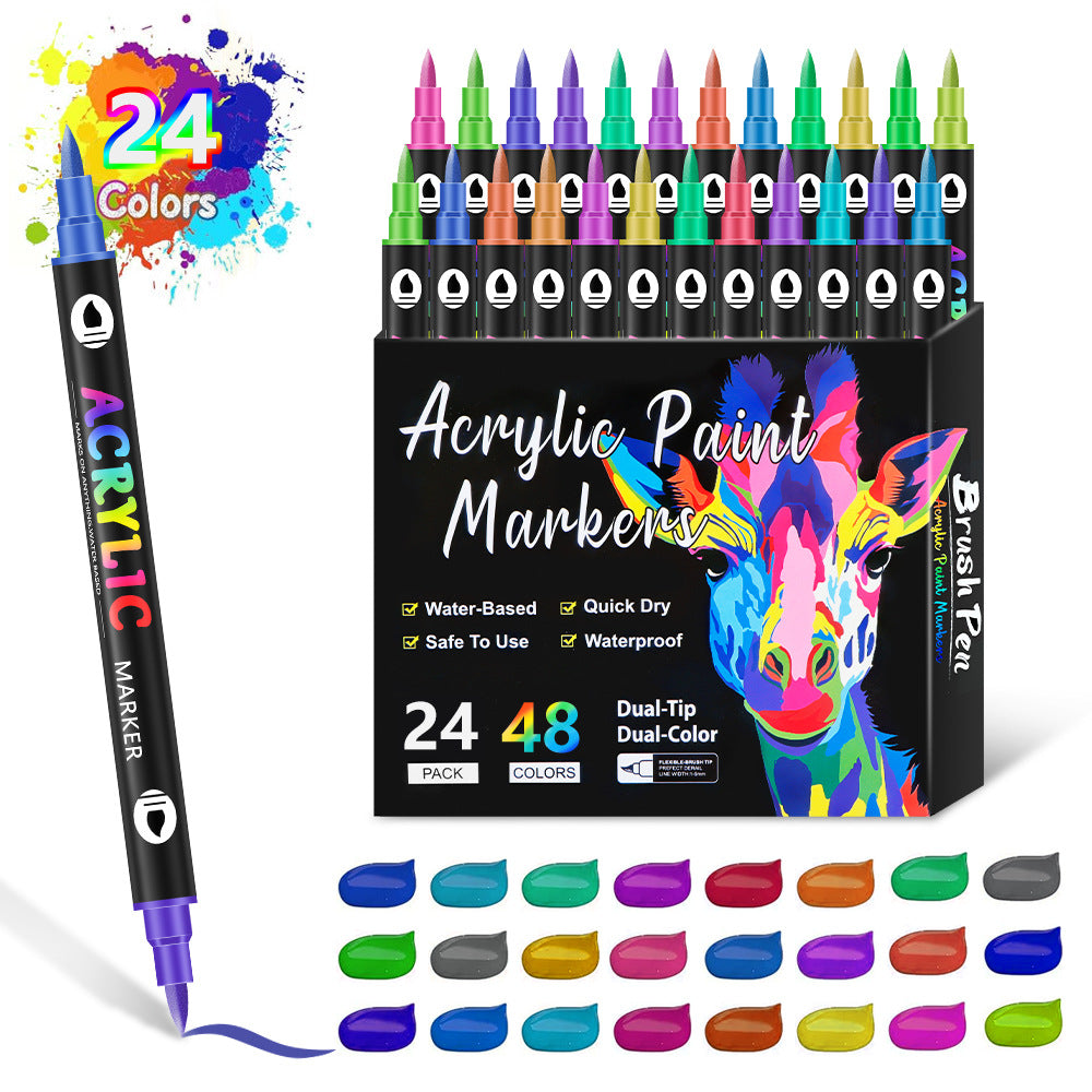 24 Pack 48 Colour Dual Brush Fine Tip Acrylic Paint Pens Markers Drawing Craft
