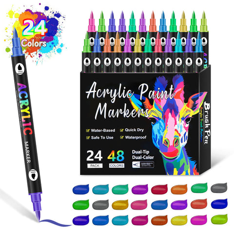 24 Pack 48 Colour Dual Brush Fine Tip Acrylic Paint Pens Markers Drawing Craft