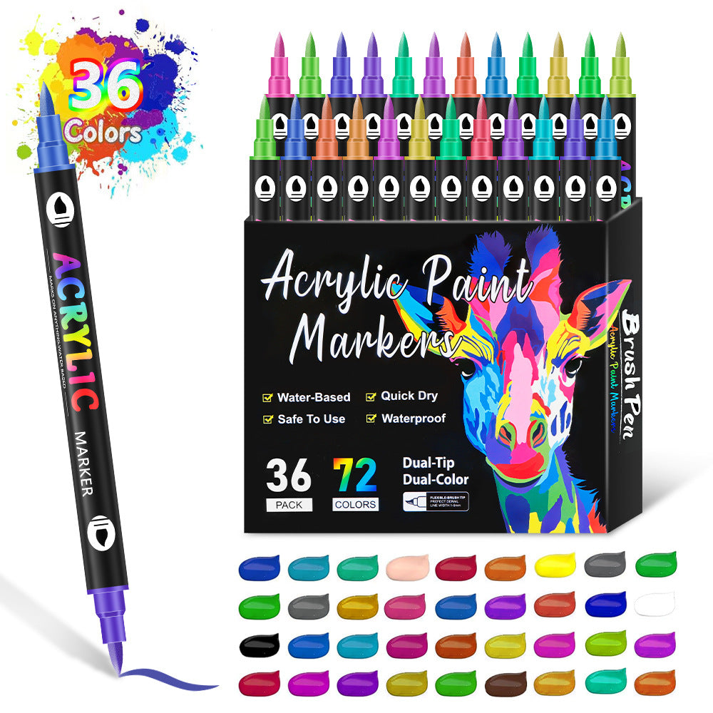 36 Pack 72 Colour Dual Brush Fine Tip Acrylic Paint Pens Markers Drawing Craft