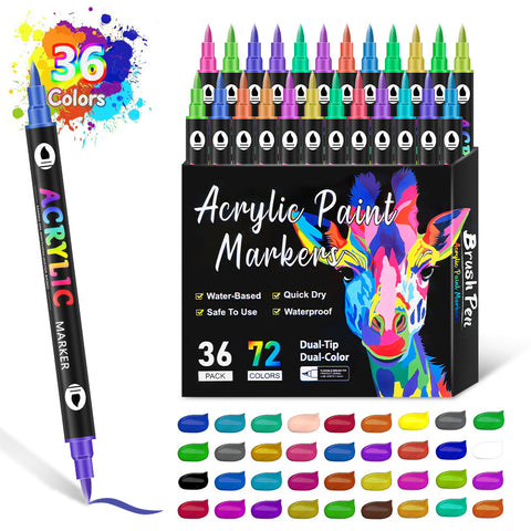 36 Pack 72 Colour Dual Brush Fine Tip Acrylic Paint Pens Markers Drawing Craft