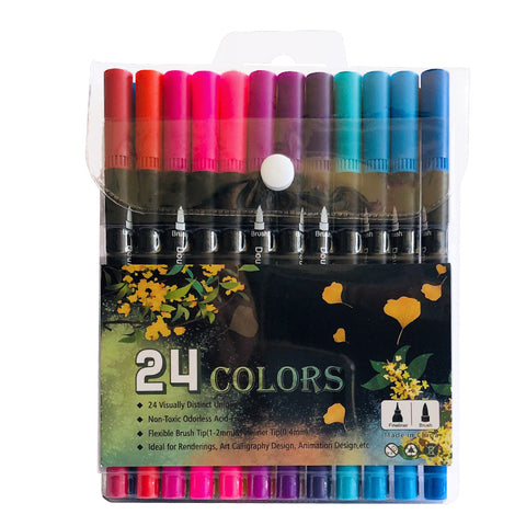 24 Colour Dual Brush Fine Tip Colouring Pens Markers Sketch Calligraphy Craft