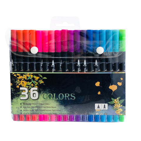 36 Colour Dual Brush Fine Tip Colouring Pens Markers Sketch Calligraphy Craft