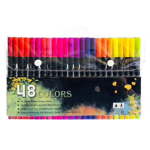 48 Colour Dual Brush Fine Tip Colouring Pens Markers Sketch Calligraphy Craft