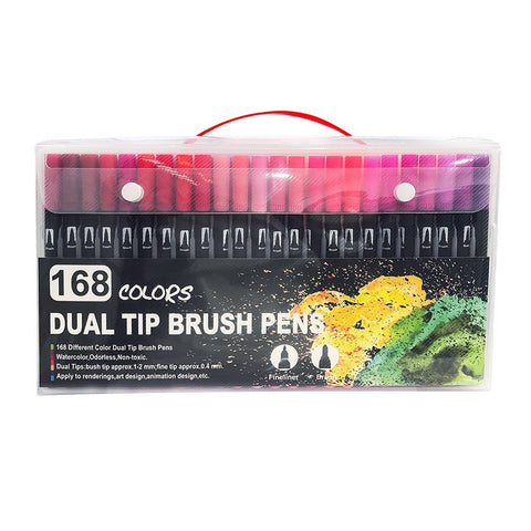 168 Colour Dual Brush Fine Tip Colouring Pens Markers Sketch Calligraphy Craft