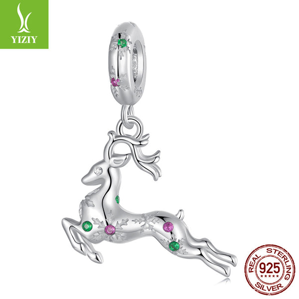 Christmas Reindeer Sterling Silver CZ Bead Charm Bracelet Necklace Pendant