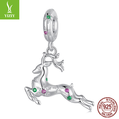 Christmas Reindeer Sterling Silver CZ Bead Charm Bracelet Necklace Pendant
