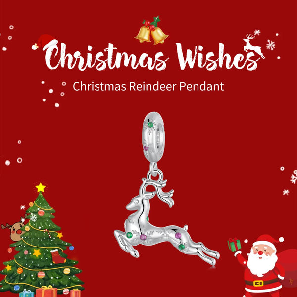 Christmas Reindeer Sterling Silver CZ Bead Charm Bracelet Necklace Pendant