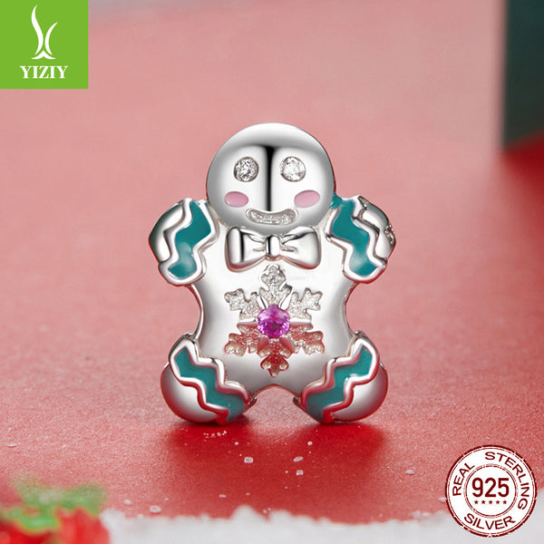 Gingerbread Man Enamel Sterling Silver Bead Charm Bracelet Necklace Pendant