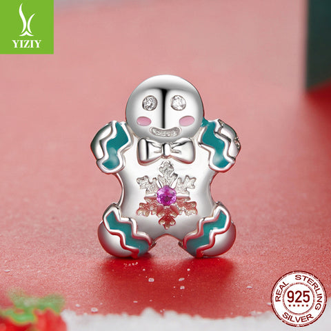 Gingerbread Man Enamel Sterling Silver Bead Charm Bracelet Necklace Pendant
