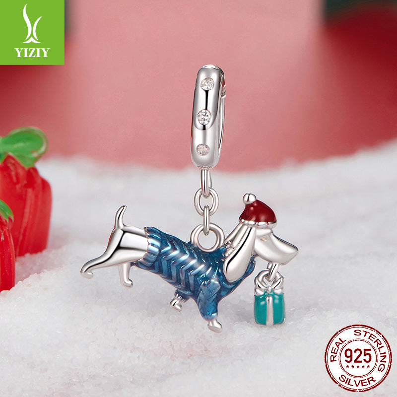 Christmas Dachshund Enamel Sterling Silver Bead Charm Bracelet Necklace