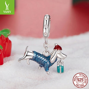Christmas Dachshund Enamel Sterling Silver Bead Charm Bracelet Necklace