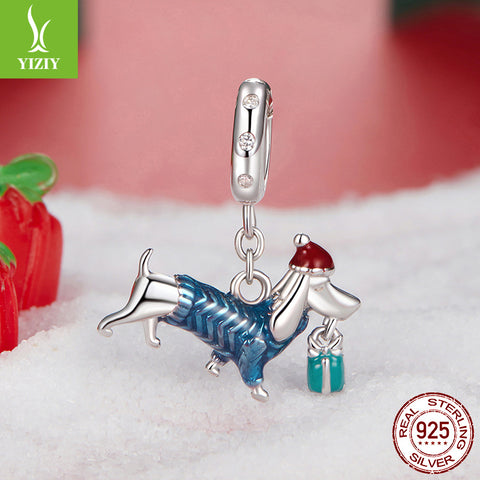 Christmas Dachshund Enamel Sterling Silver Bead Charm Bracelet Necklace