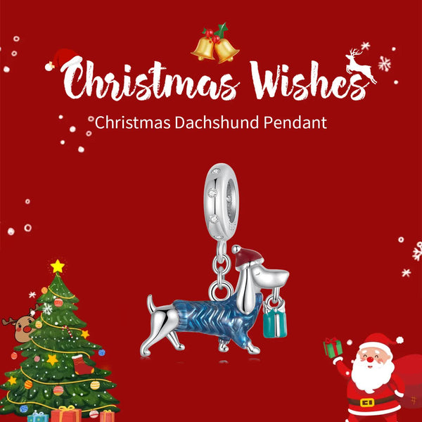 Christmas Dachshund Enamel Sterling Silver Bead Charm Bracelet Necklace