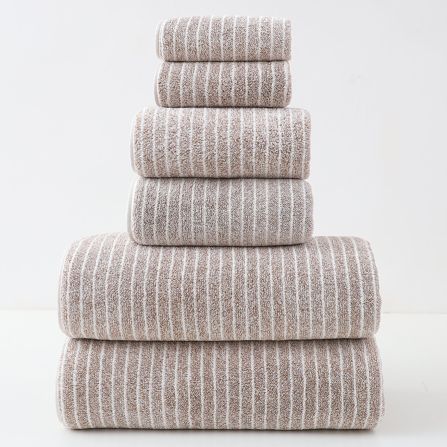 6 Pce Luxury Cotton Striped Hand Bath Towel Washcloth Facecloth Set Brown