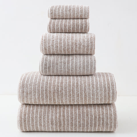 6 Pce Luxury Cotton Striped Hand Bath Towel Washcloth Facecloth Set Brown