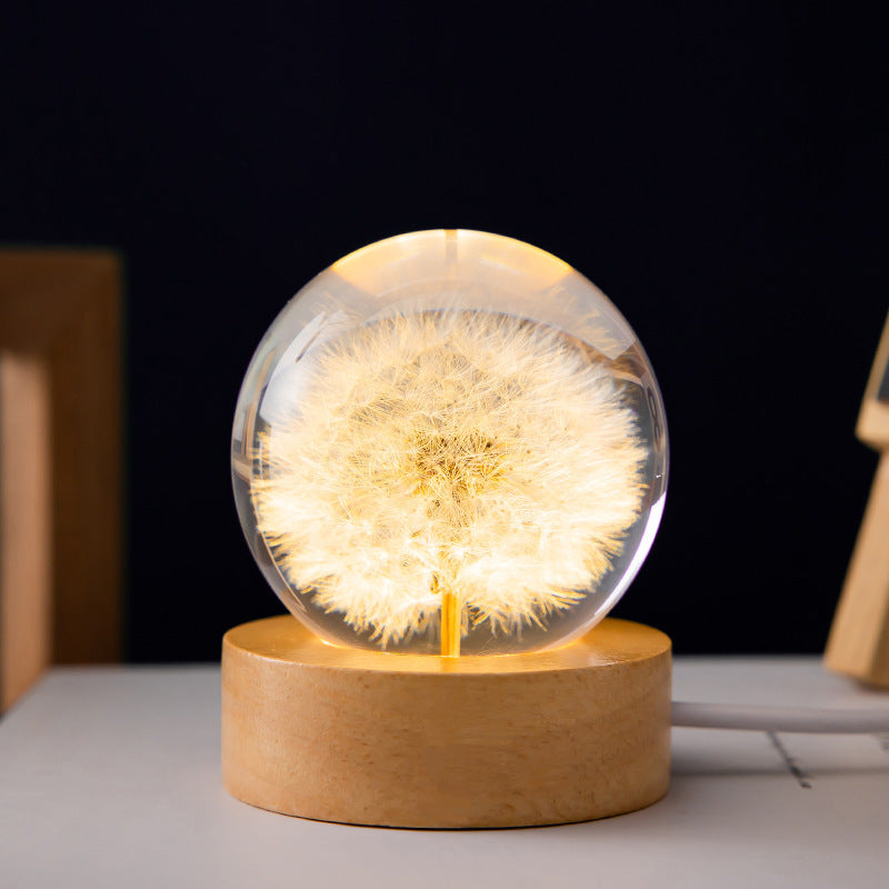 3D Resin Crystal Sphere Ball Wooden Base Preserved Flower Lamp Light Dandelion