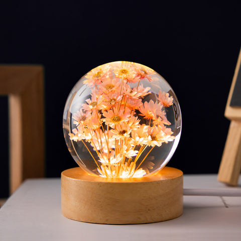 3D Resin Crystal Sphere Ball Wooden Base Preserved Flower Lamp Light Daisy