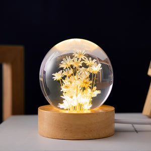 3D Resin Crystal Sphere Ball Wooden Base Preserved Flower Lamp Light Daisy