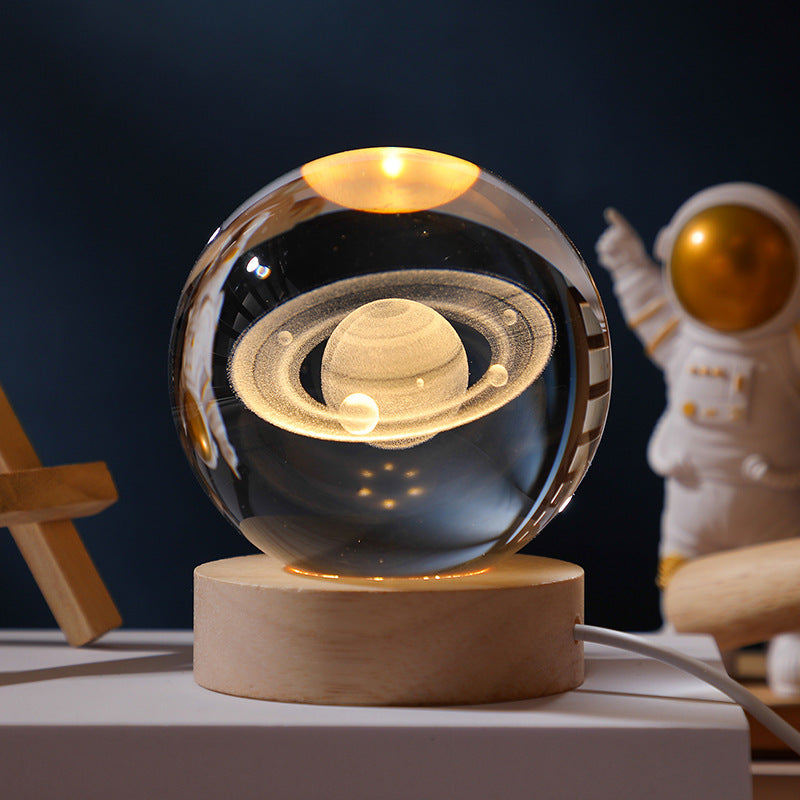 3D Saturn Galaxy Crystal Ball Sphere Desk Table Side Lamp Light USB 8cm
