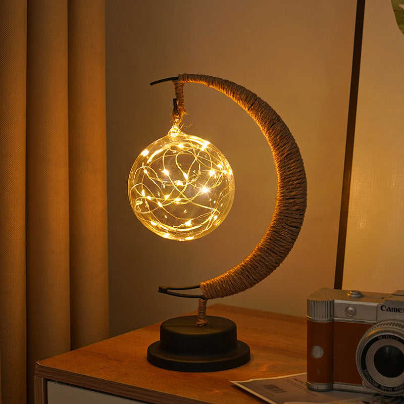 USB Powered Hemp LED Table Side Coffee Lamp Light Crescent Moon Sphere