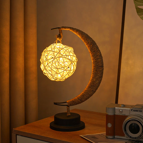 USB Powered Hemp LED Table Side Coffee Lamp Light Crescent Moon Rattan Ball