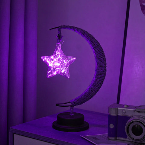 USB Powered Hemp LED Table Side Coffee Lamp Light Crescent Moon Purple Star