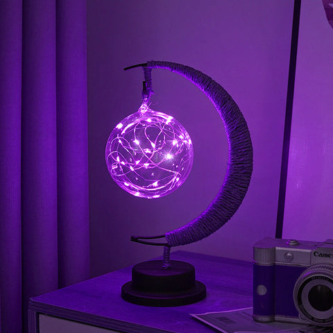 USB Powered Hemp LED Table Side Coffee Lamp Light Crescent Moon Purple Sphere
