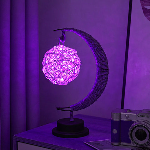 USB Powered Hemp LED Table Side Coffee Lamp Light Crescent Moon Purple Rattan Ball