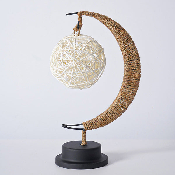 USB Powered Hemp LED Table Side Coffee Lamp Light Crescent Moon Purple Rattan Ball