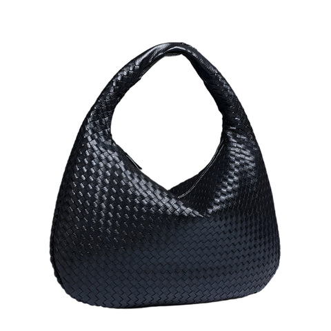 Faux PU Leather Woven Hobo Underarm Shoulder Bag Handbag Black
