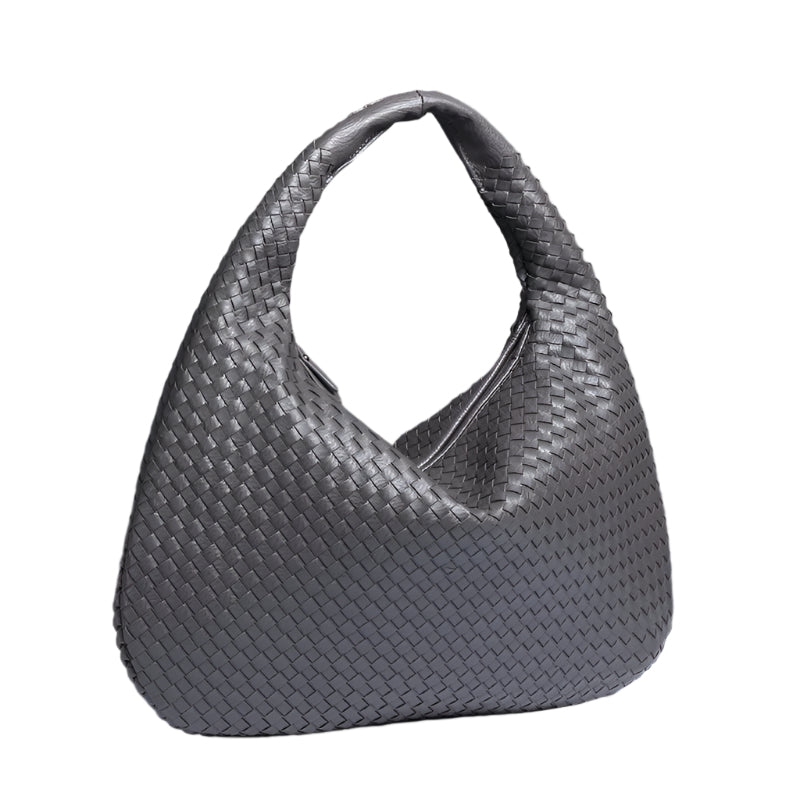Faux PU Leather Woven Hobo Underarm Shoulder Bag Handbag Dark Grey