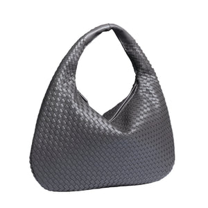 Faux PU Leather Woven Hobo Underarm Shoulder Bag Handbag Dark Grey