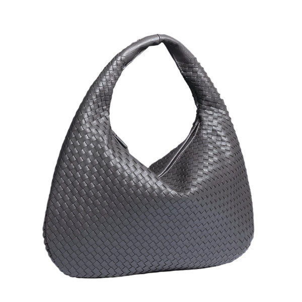 Faux PU Leather Woven Hobo Underarm Shoulder Bag Handbag Dark Grey